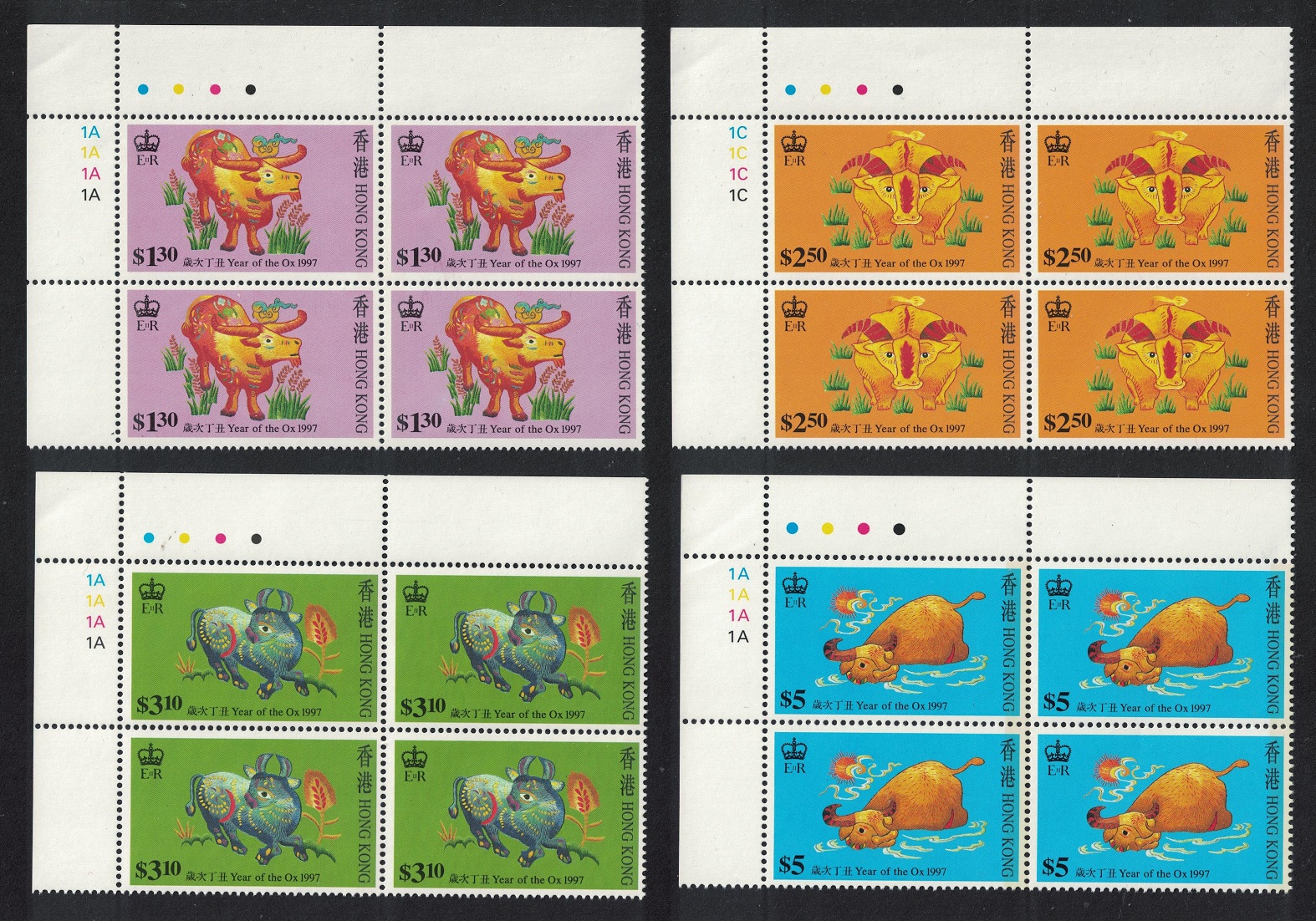 HONG KONG CHINESE New Year of the Ox 4v Corner Blocks of 4 1997 MNH $8. ...